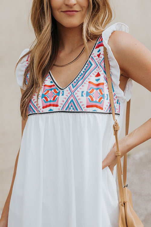 Deep V Neck Ruffle Trim Geometric Print Babydoll Mini Dress 6