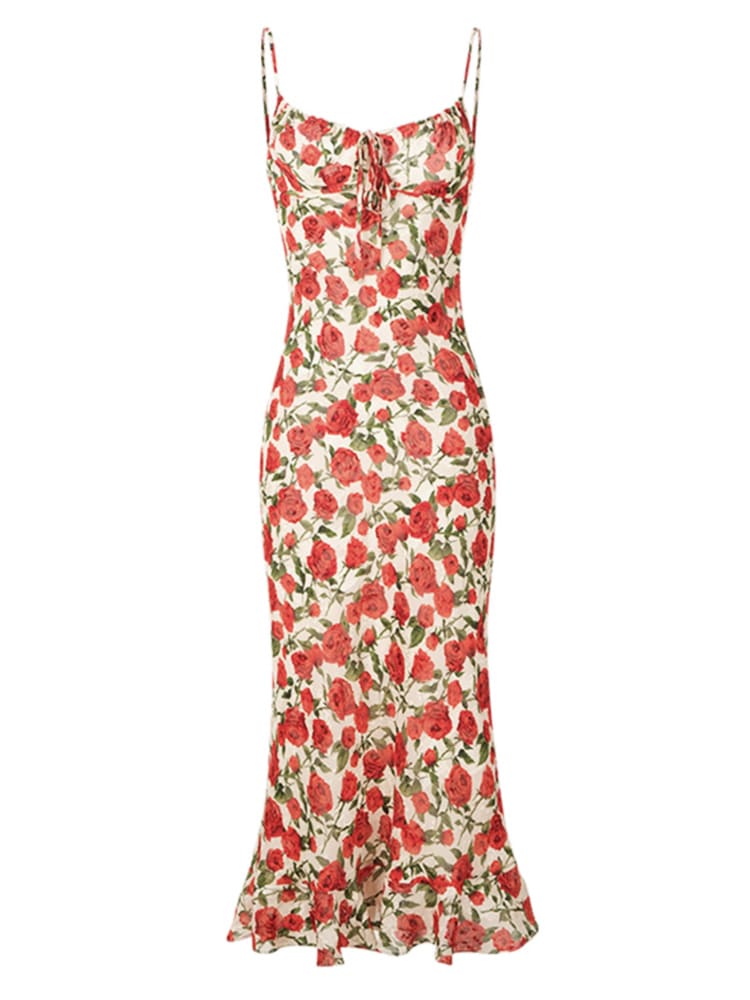 Botanical Floral Print Spaghetti Strap Drawstring Ruched Midi Dress 4