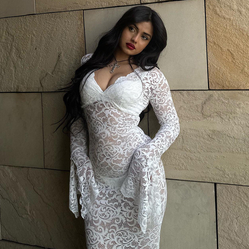Lace Deep V-Neck Bell Sleeve Mermaid Maxi Dress 4