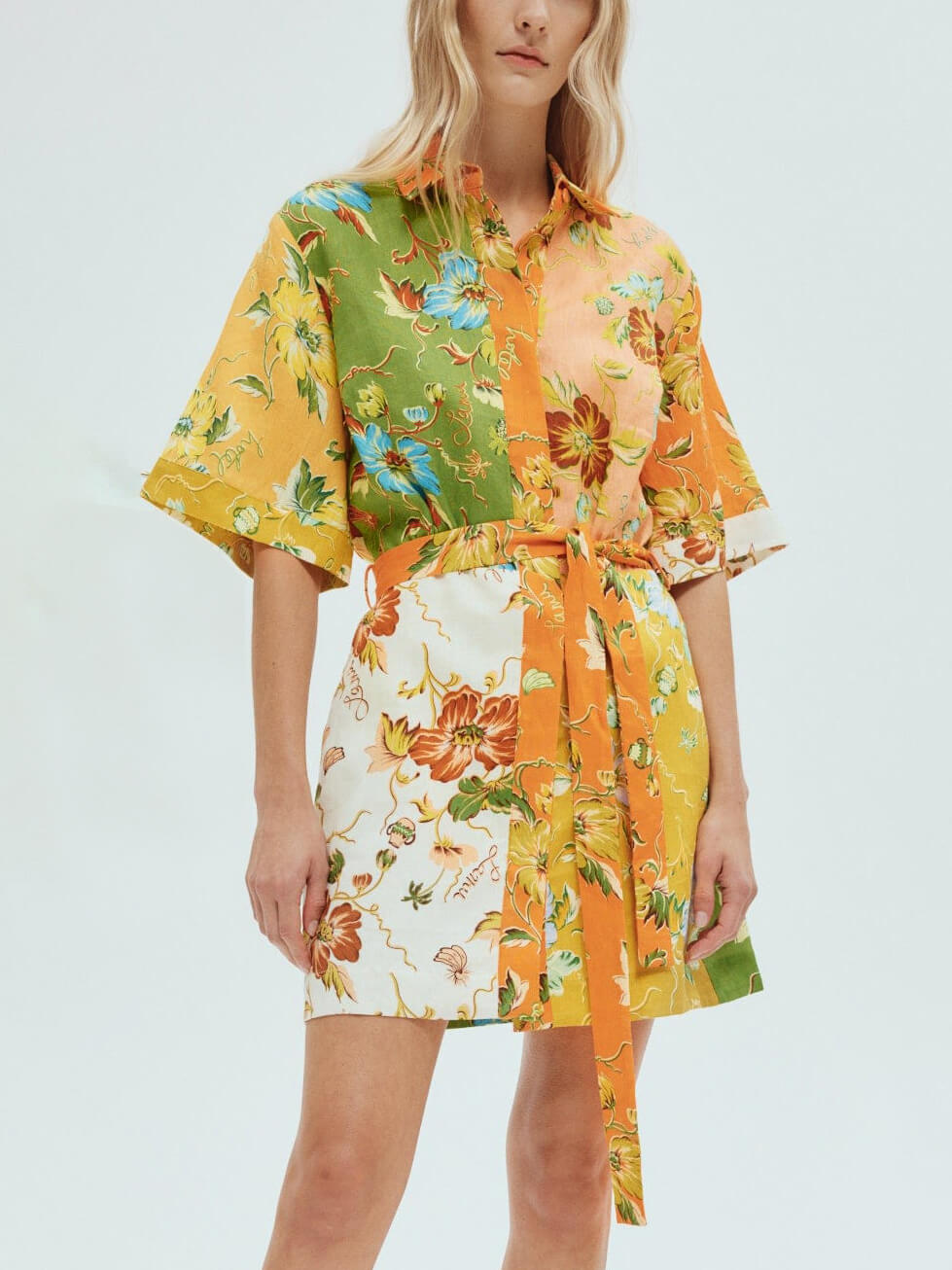 Floral Patchwork Collared Belted Button Front Mini Dress 5