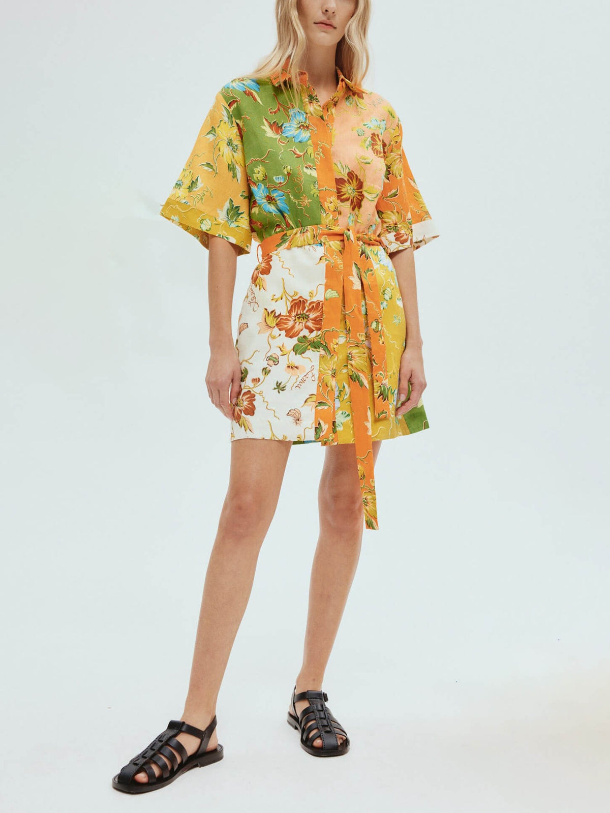 Floral Patchwork Collared Belted Button Front Mini Dress 4
