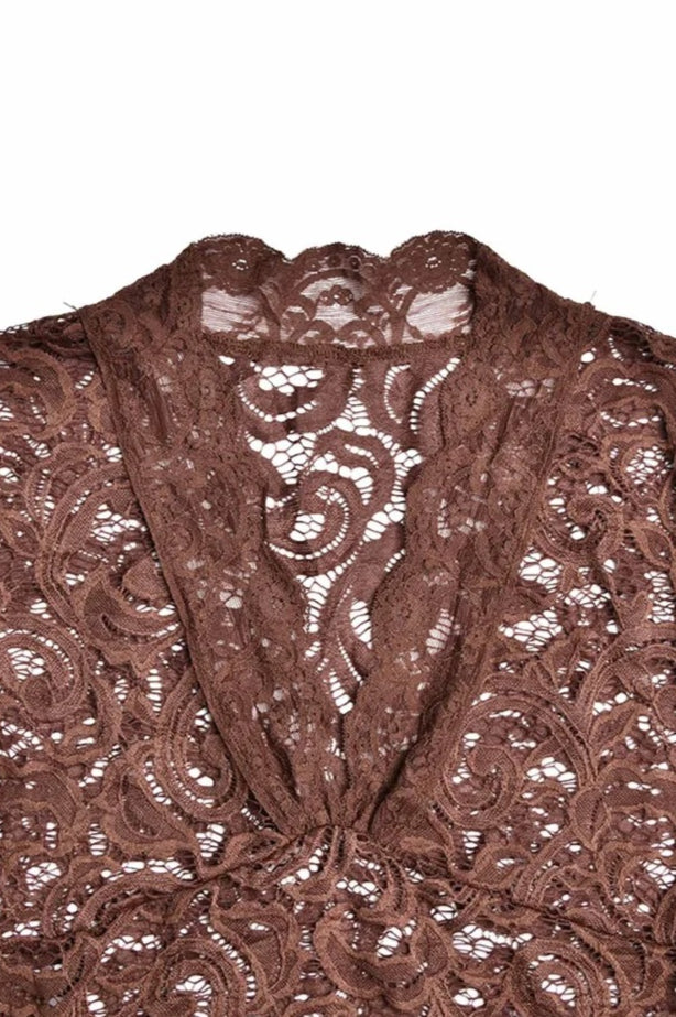 Floral Lace Deep V-Neck Bell Sleeve Asymmetric Ruffle Hem Mini Dress 7