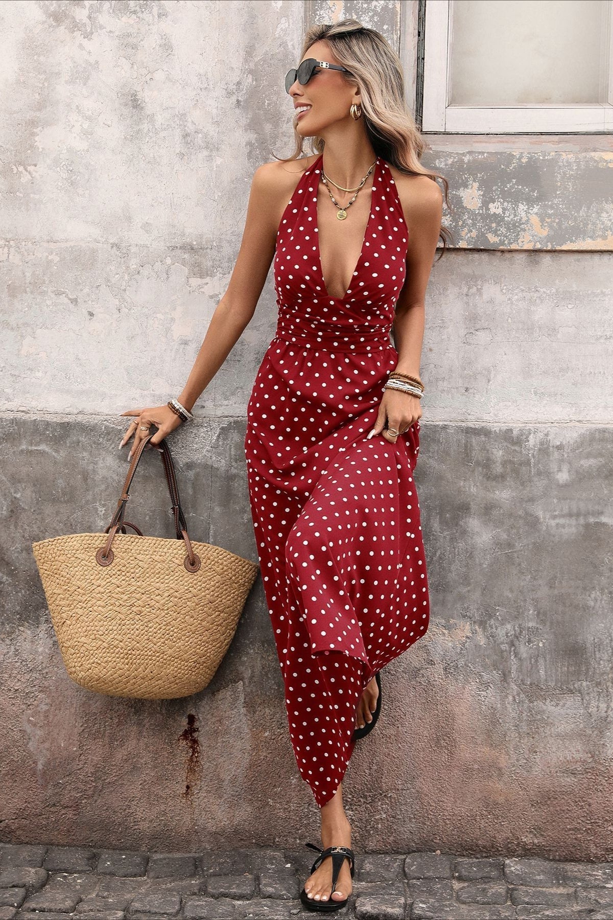 Deep V Halter Neck Polka Dot A Line Maxi Dress 3