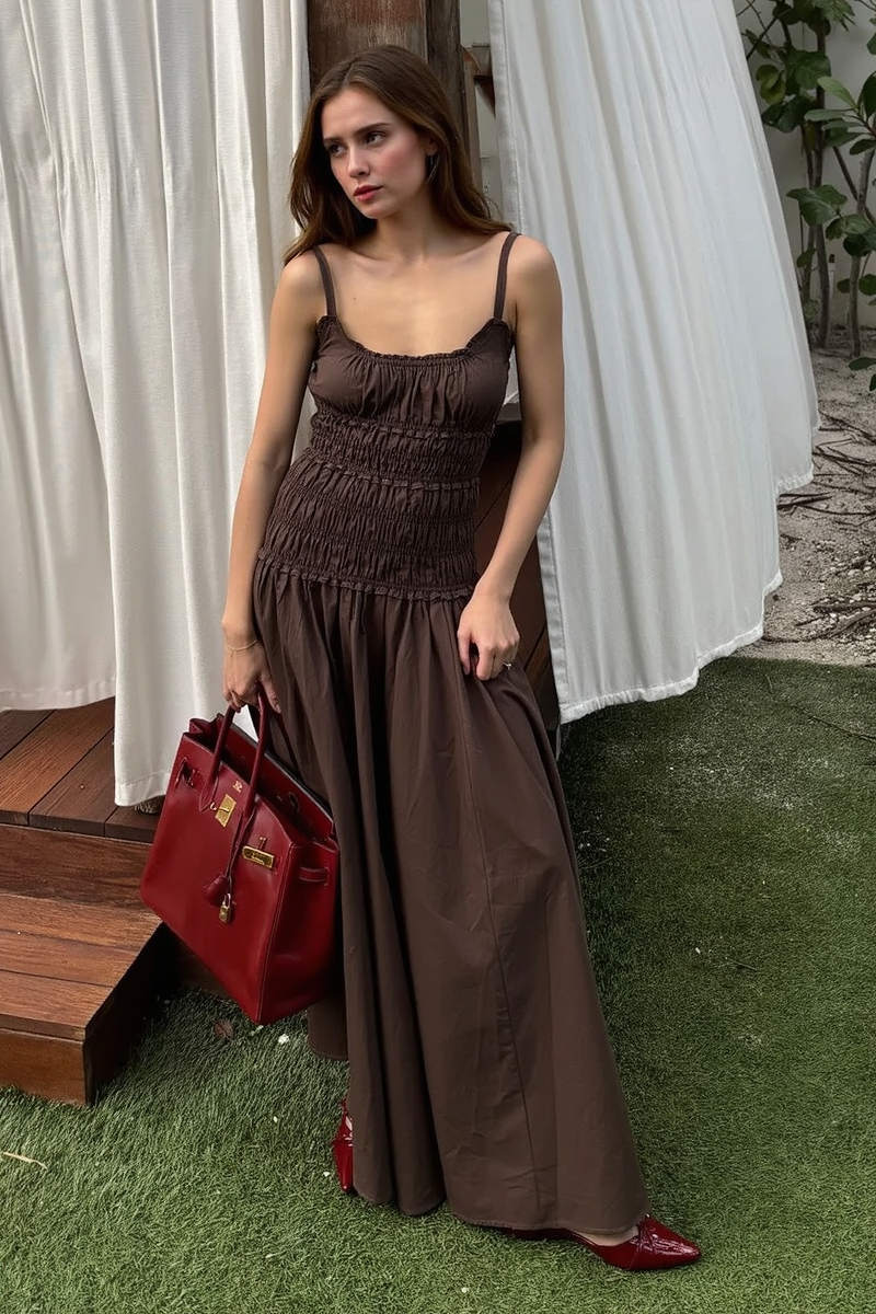 Scoop Neck Ruffle Trim Smocked Bodice Gathered Skirt Maxi Dress 5
