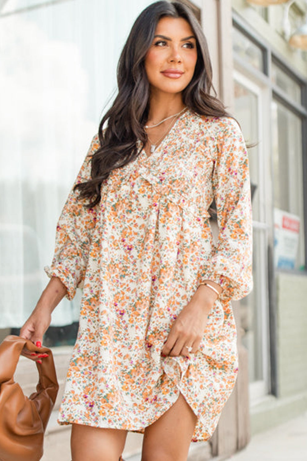 Ditsy Floral Print Surplice V-Neck Balloon Sleeve Empire Waist Mini Dress 4