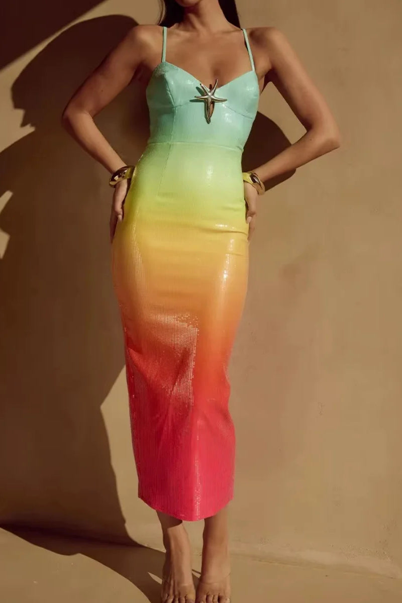 Gradient Sequin Spaghetti Strap Starfish Detail Bodycon Maxi Dress 9