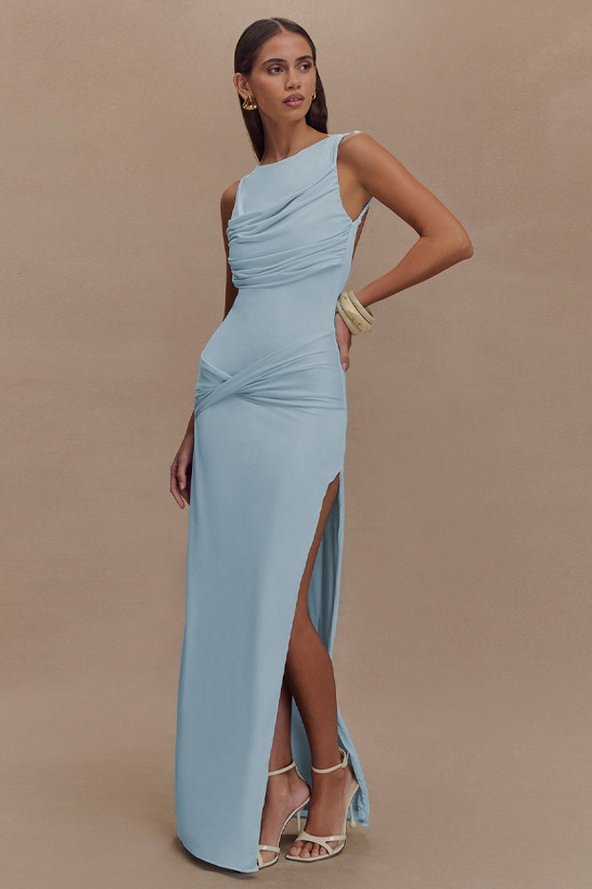 High Neck Ruched Crossover Drape Hip High Slit Jersey Maxi Dress 10