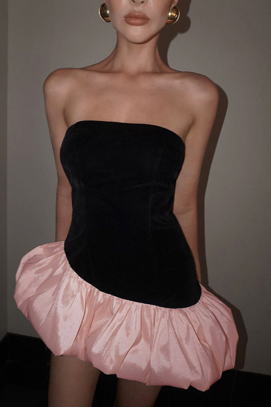 Velvet Paneled Strapless Bubble Hem Mini Dress 4