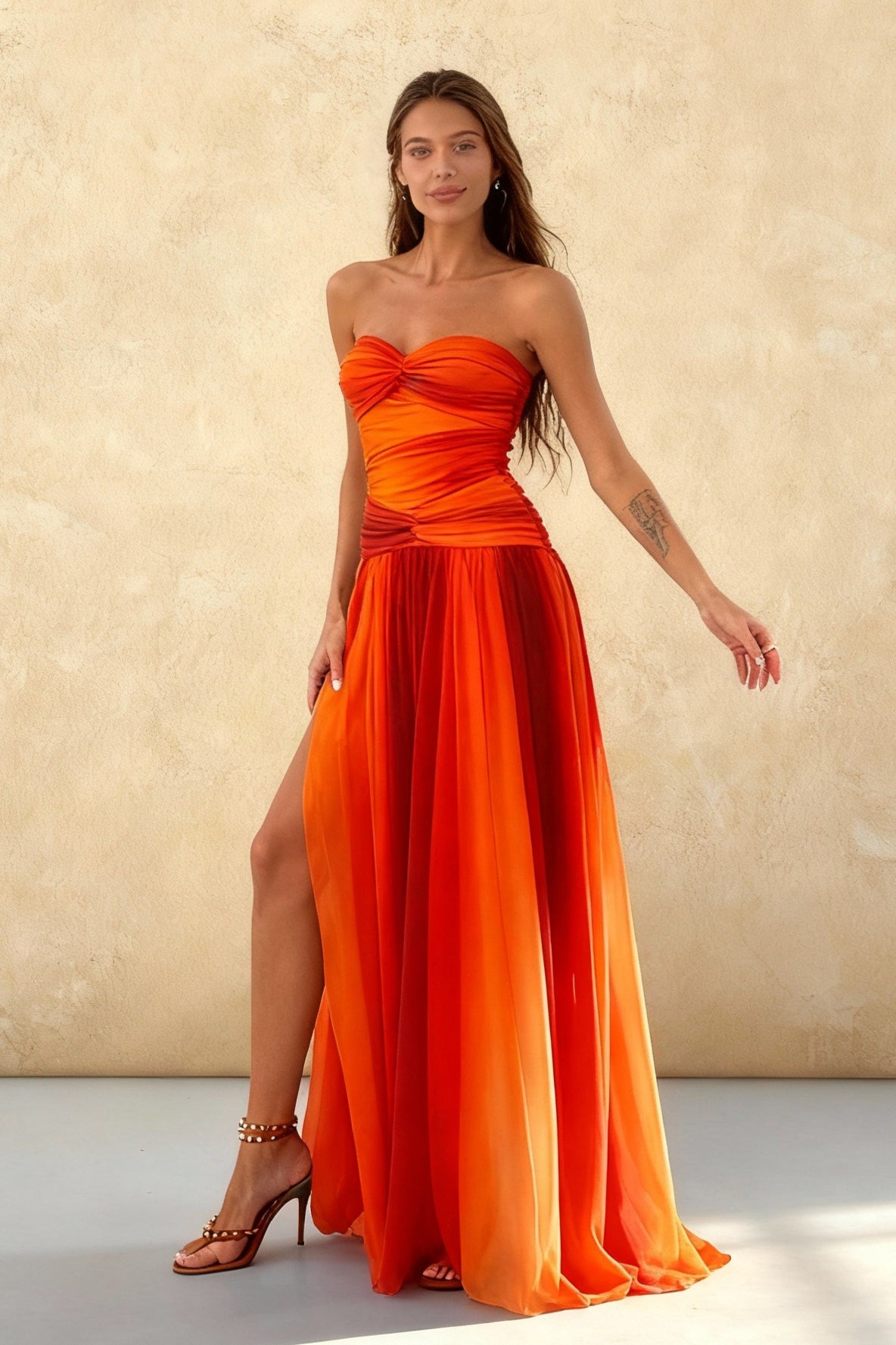 Strapless Sweetheart Starfish Brooch Cut Out Layered Chiffon Maxi Dress 4