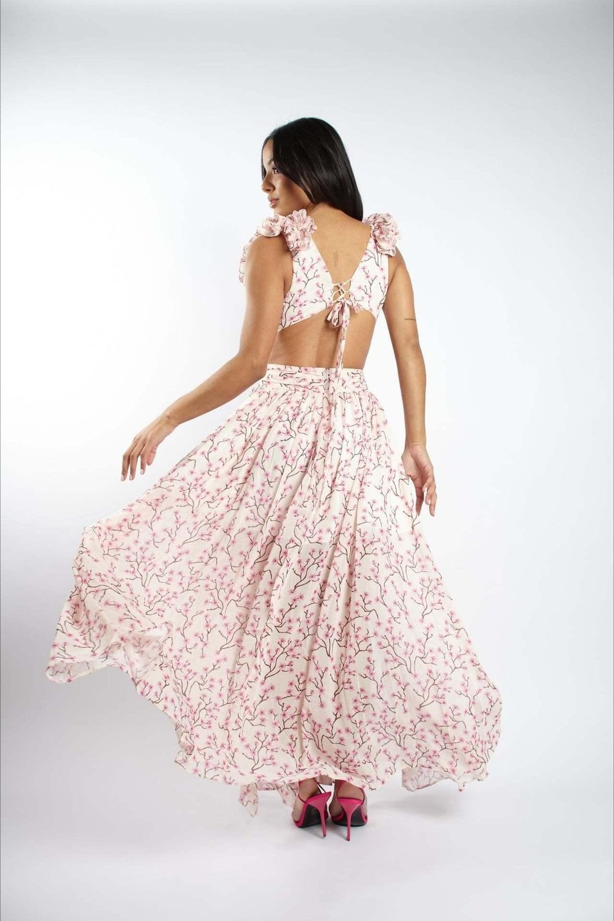 One Shoulder Ruffle Strap Cutout Tiered Blossom Print Maxi Dress 2