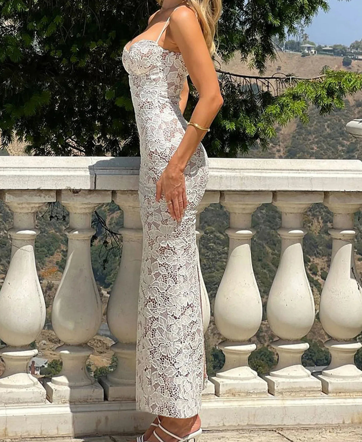 Spaghetti Strap Lace Corset Sweetheart Scalloped Hem Bodycon Maxi Dress 2