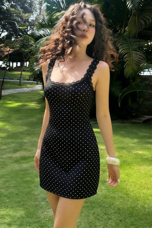 Scoop Neck Lace Trim Polka Dot Bodycon Mini Dress 6