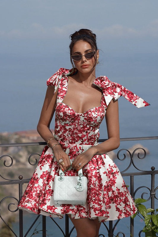 Floral Print Sweetheart Tie Strap Corset Fit and Flare Mini Dress