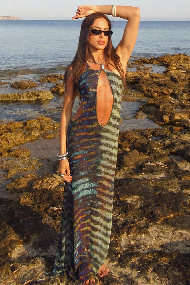 Tiger Stripe Print Halter Keyhole Cutout Bodycon Maxi Dress 3