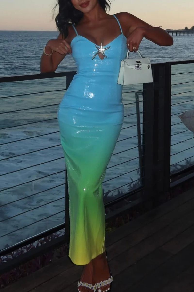 Gradient Sequin Spaghetti Strap Starfish Detail Bodycon Maxi Dress 6