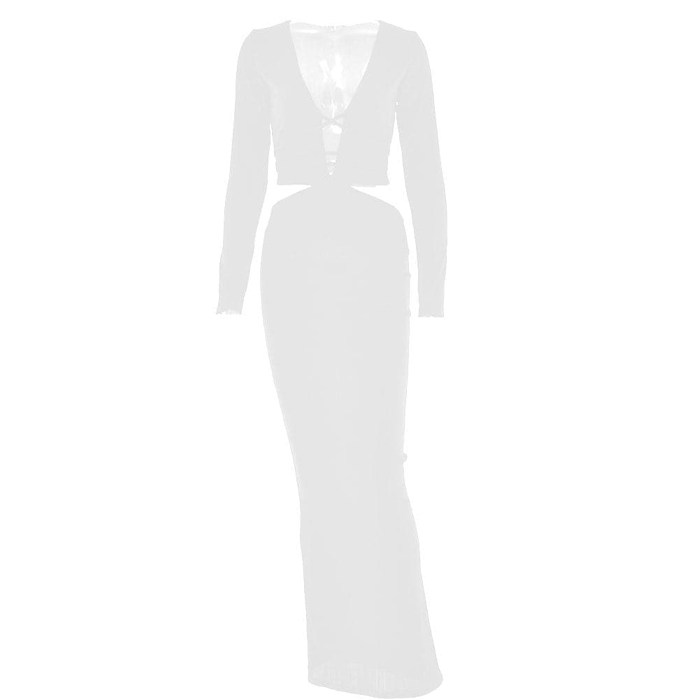Ribbed Long Sleeve Deep V Neck Waist Cutout Lace Up Maxi Dress 2