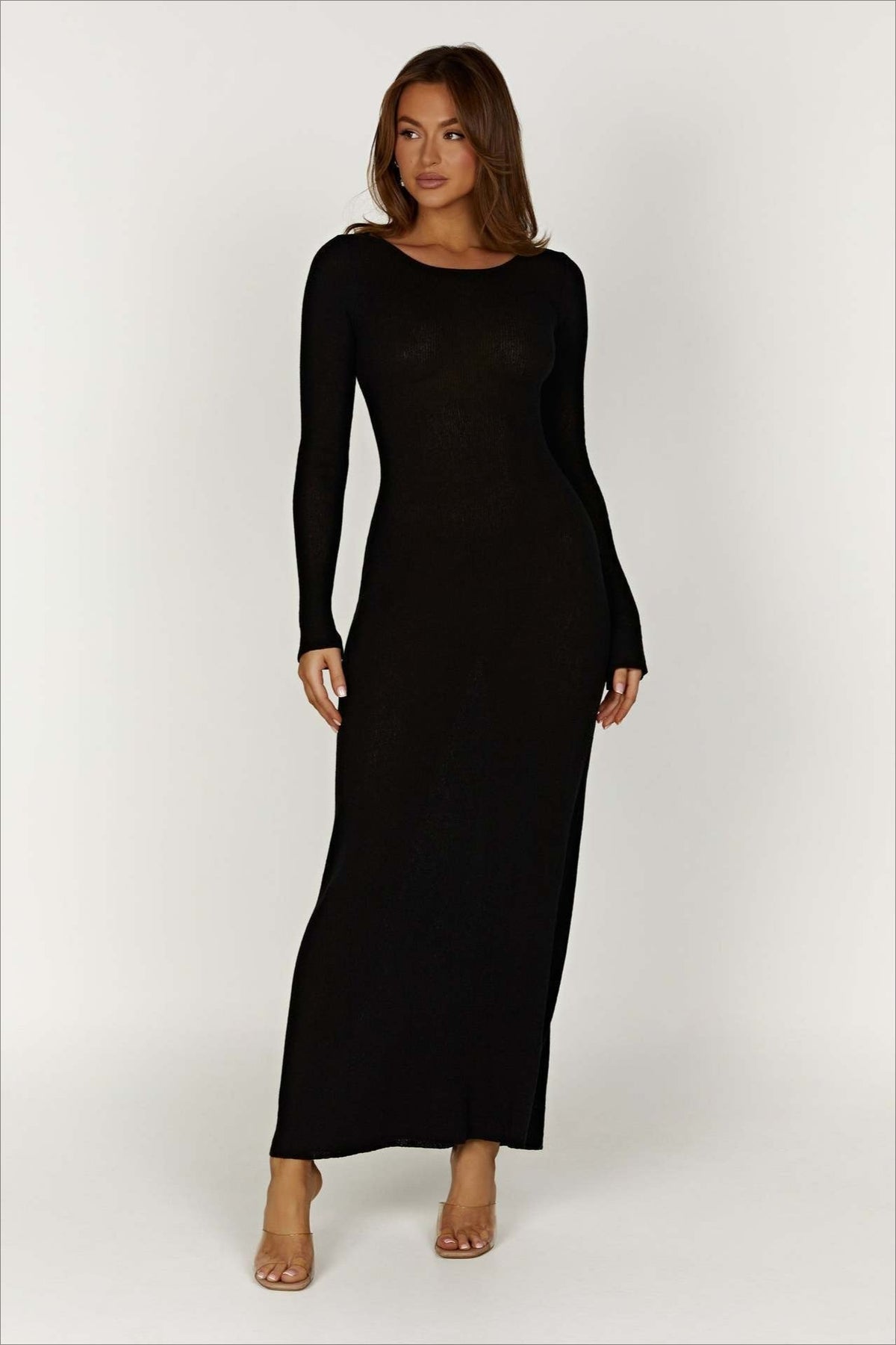 Ribbed Knit Long Sleeve Lace Up Open Back Bodycon Maxi Dress 5