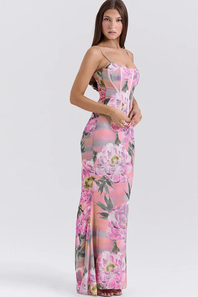 Corset Bodice Spaghetti Strap Floral Print Mesh Floor-Length Maxi Dress 4