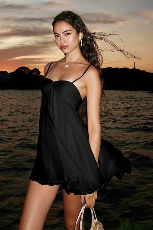 Chiffon Gathered Sweetheart Spaghetti Strap Lettuce Hem Babydoll Mini Dress 8
