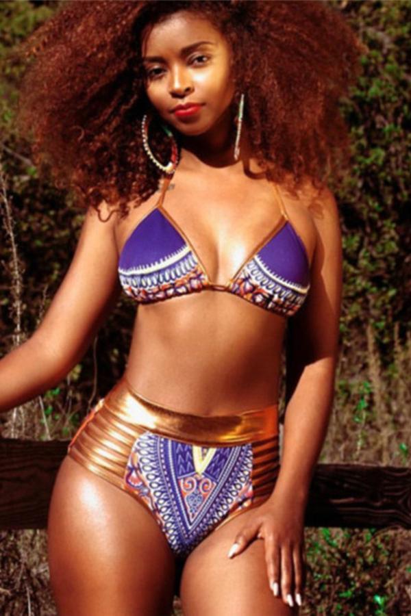 Purple African Tribal Print Halter High Waisted Sexy Bikini Swimsuit
