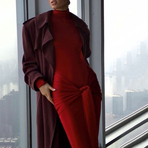 Long Sleeve Mock Neck Front Knot Draped Train Maxi Dress 2