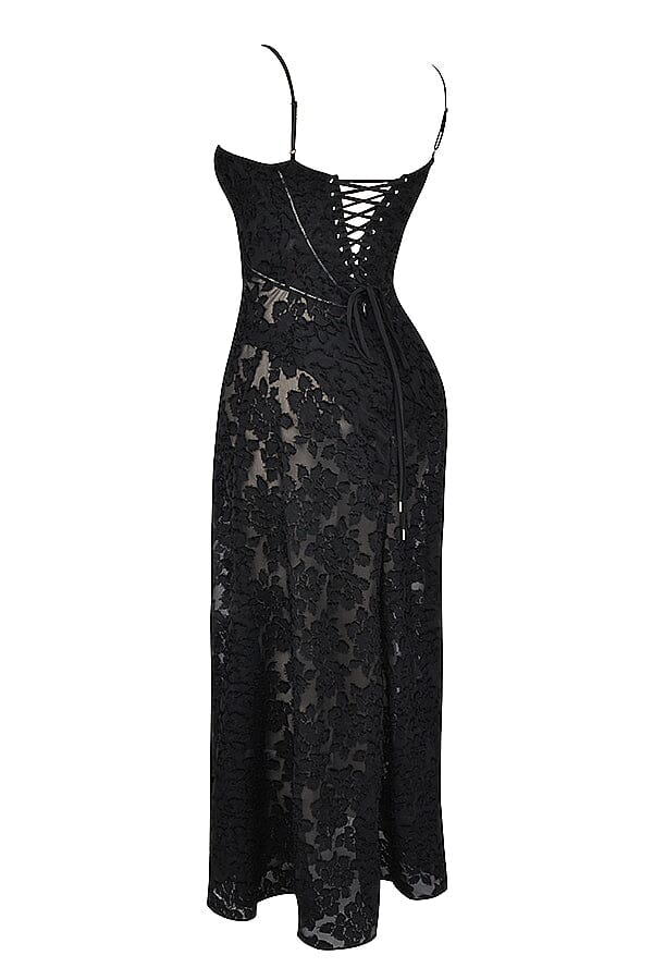 Floral Jacquard Spaghetti Strap Lace Up Corset Back Fit and Flare Maxi Dress 12