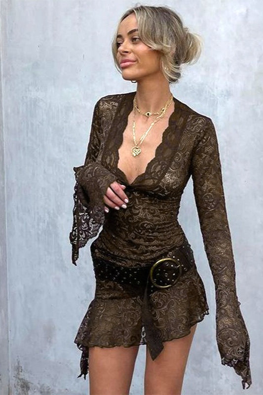 Lace Deep V-Neck Bell Sleeve Scalloped Ruffled Hem Mini Dress 9