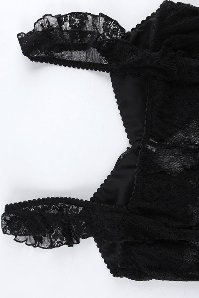 Black Square Neck Ruffle Trim Sheer Lace Ribbon Tie Maxi Dress 5