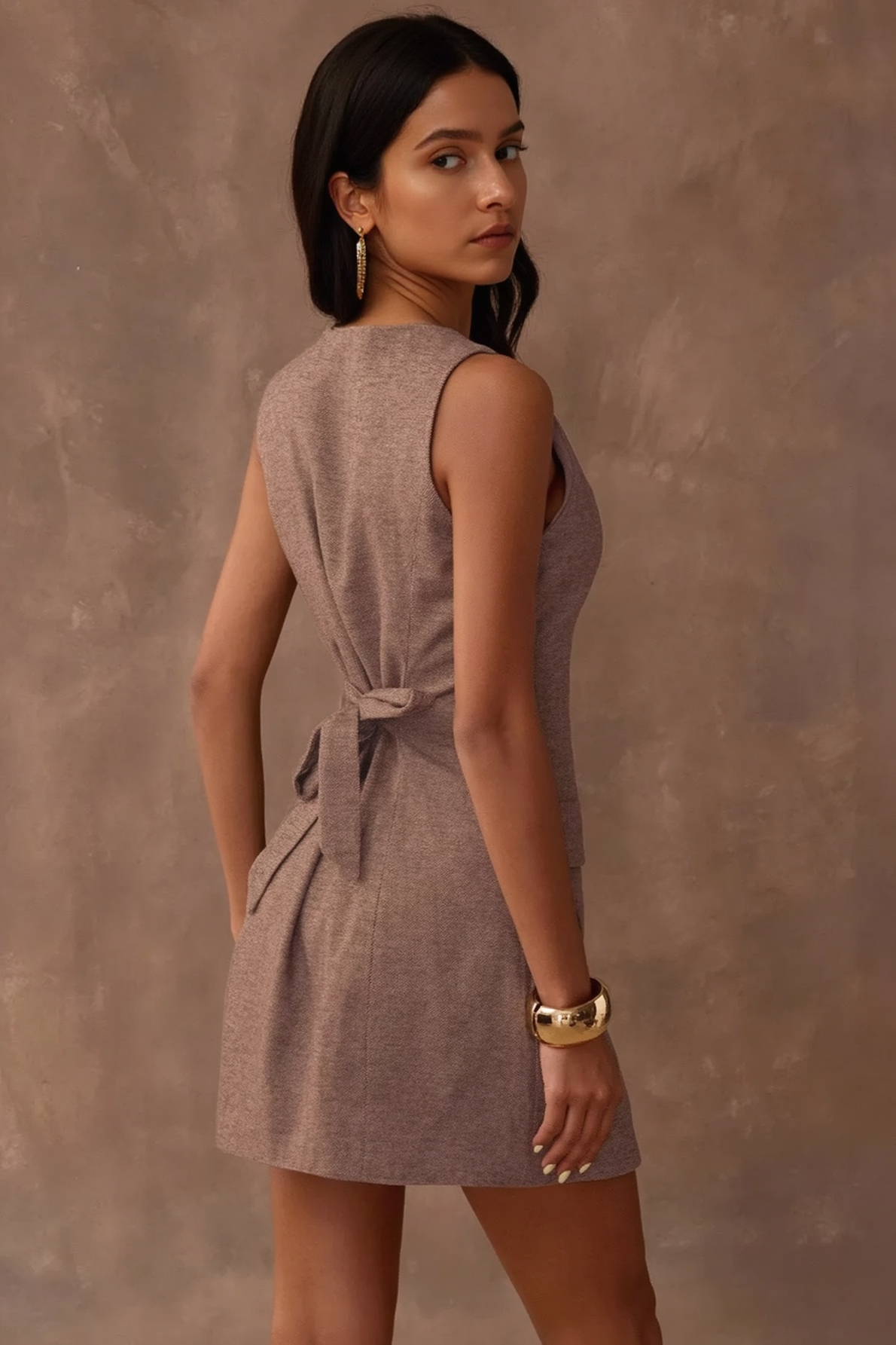 Round Neck Button Front Flap Pocket Back Tie Belted Mini Dress 3