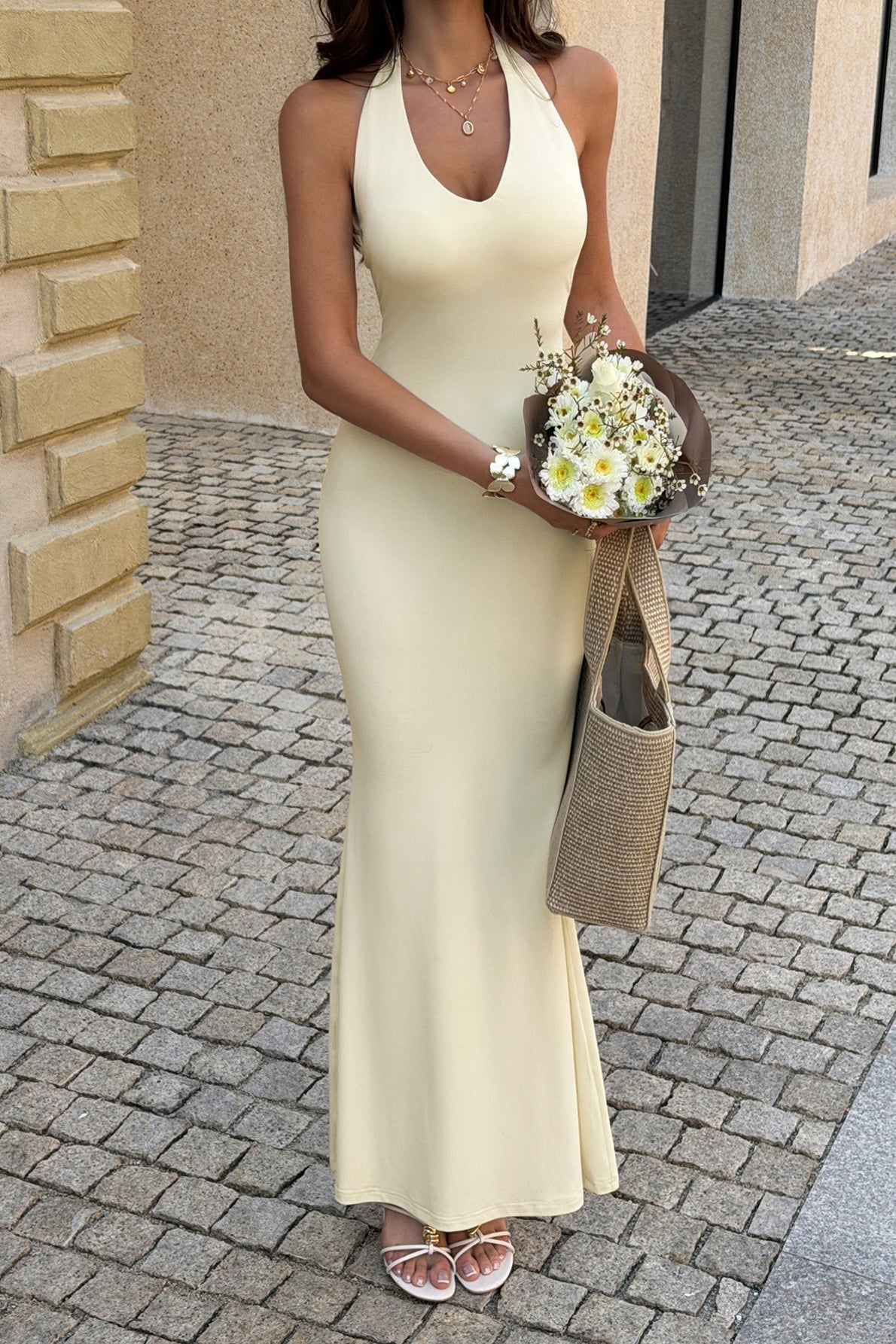 Beige Halter Neck Deep V Bodycon Maxi Dress 2