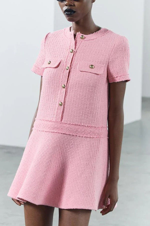 Metal Button Short Sleeve Round Neck Tweed Fit-and-Flare Mini Dress 9