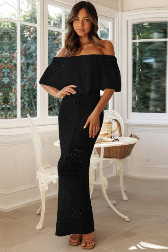 Crochet Off Shoulder Ruffle Flounce Drawstring Waist Knit Maxi Dress 8
