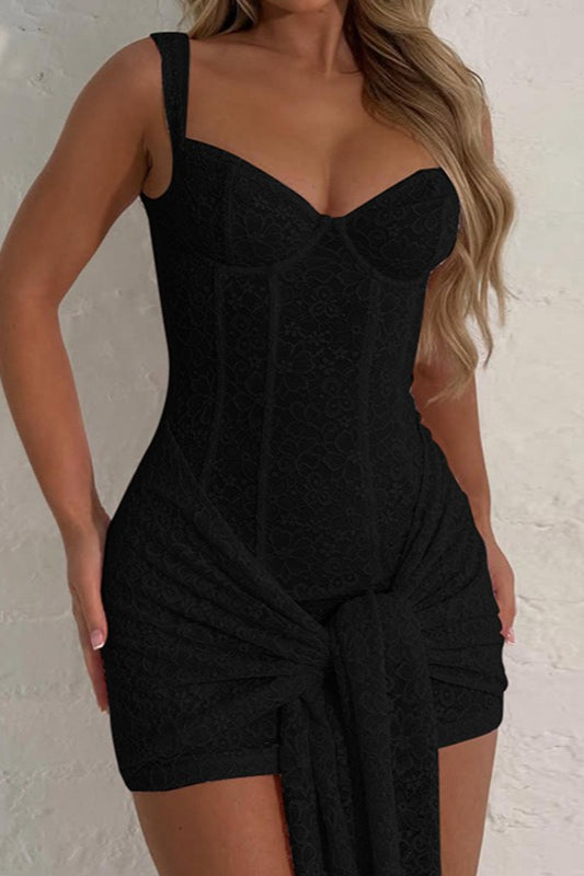 Floral Lace Bustier Corset Seam Front Knot Hip Tie Bodycon Mini Dress 10