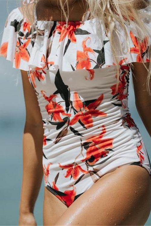 White Floral Print Off Shoulder Ruffle Straps Cute One Piece Swimsuit