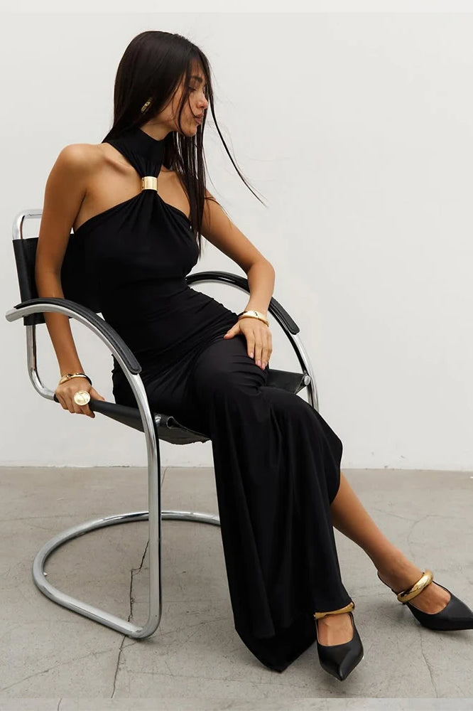 Halter Neck Metal Ring Keyhole Draped Ruched Column Maxi Dress 3