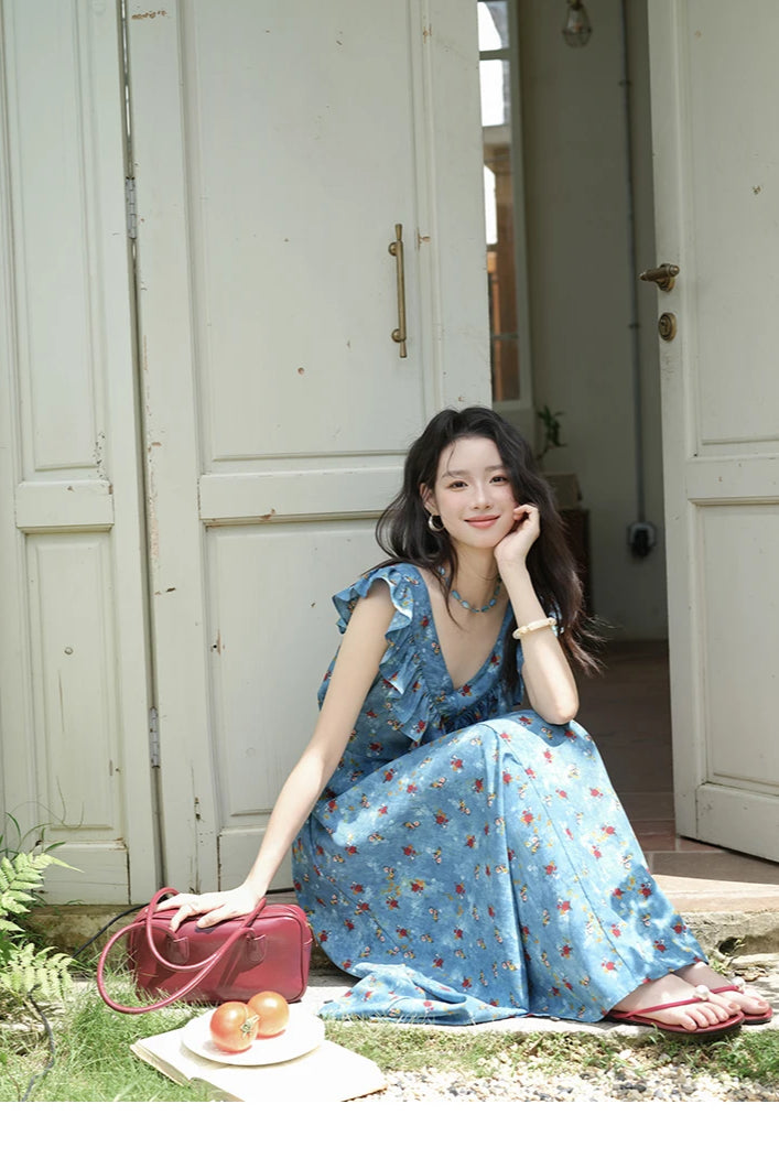 Floral Print Ruffle Trim V-Neck Cap Sleeve Fit and Flare Maxi Summer Dress 11