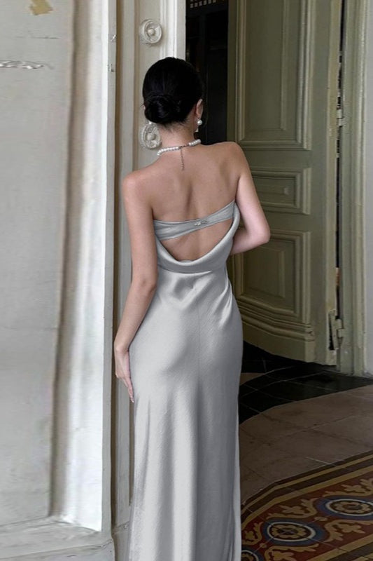 Strapless Ruched Waist Satin Mermaid Hem Maxi Gown 3