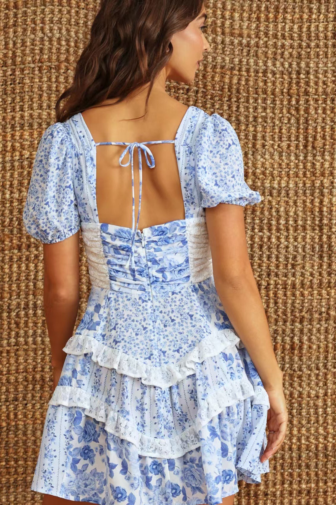 Floral Print Puff Sleeve Lace Smocked Waist Tiered Ruffle Mini Dress 14