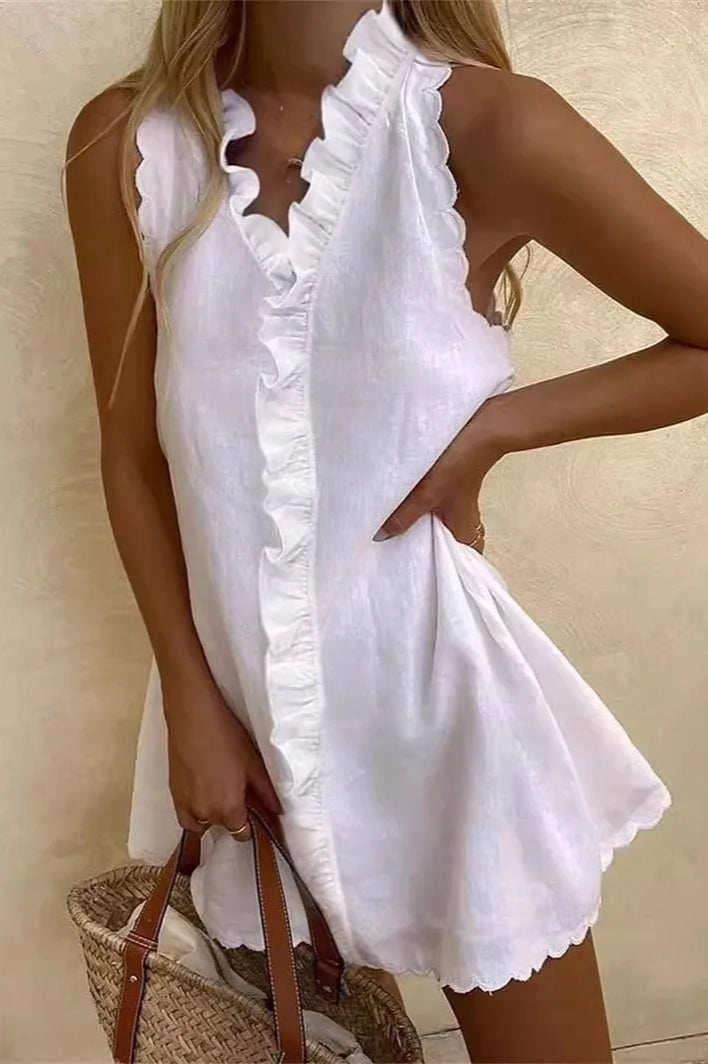 Sleeveless Ruffle Trim V-Neck Scalloped Hem Linen Blend Mini Dress