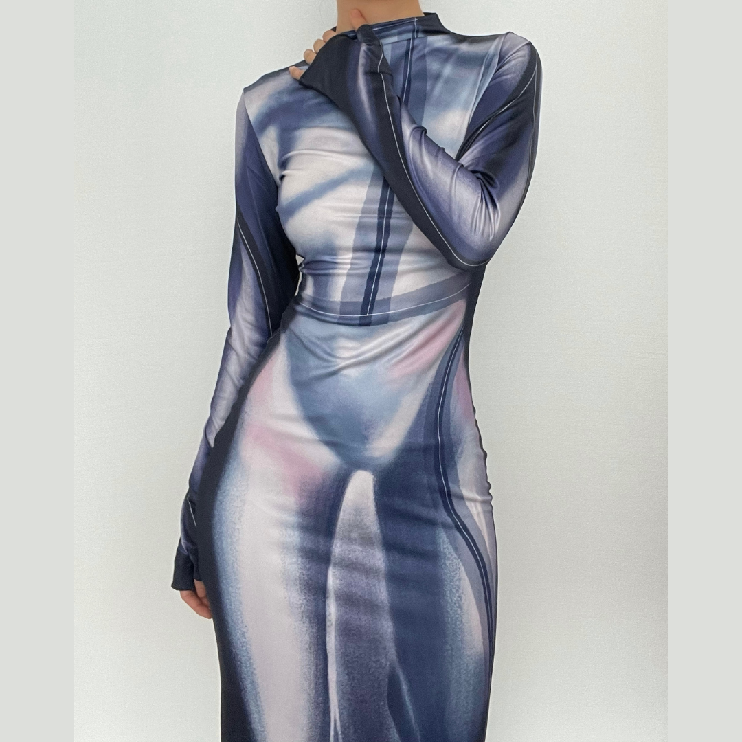 Mock Neck Long Sleeve Thumbhole Bikini Silhouette Body Print Bodycon Maxi Dress 2