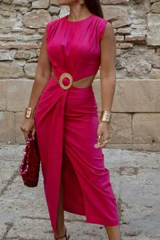 Ring Detail Waist Cutout Split Hem A-Line Midi Dress 3