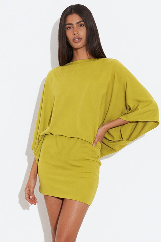Deep Back Cowl Neck Draped Wing Sleeve Loose Mini Dress 3