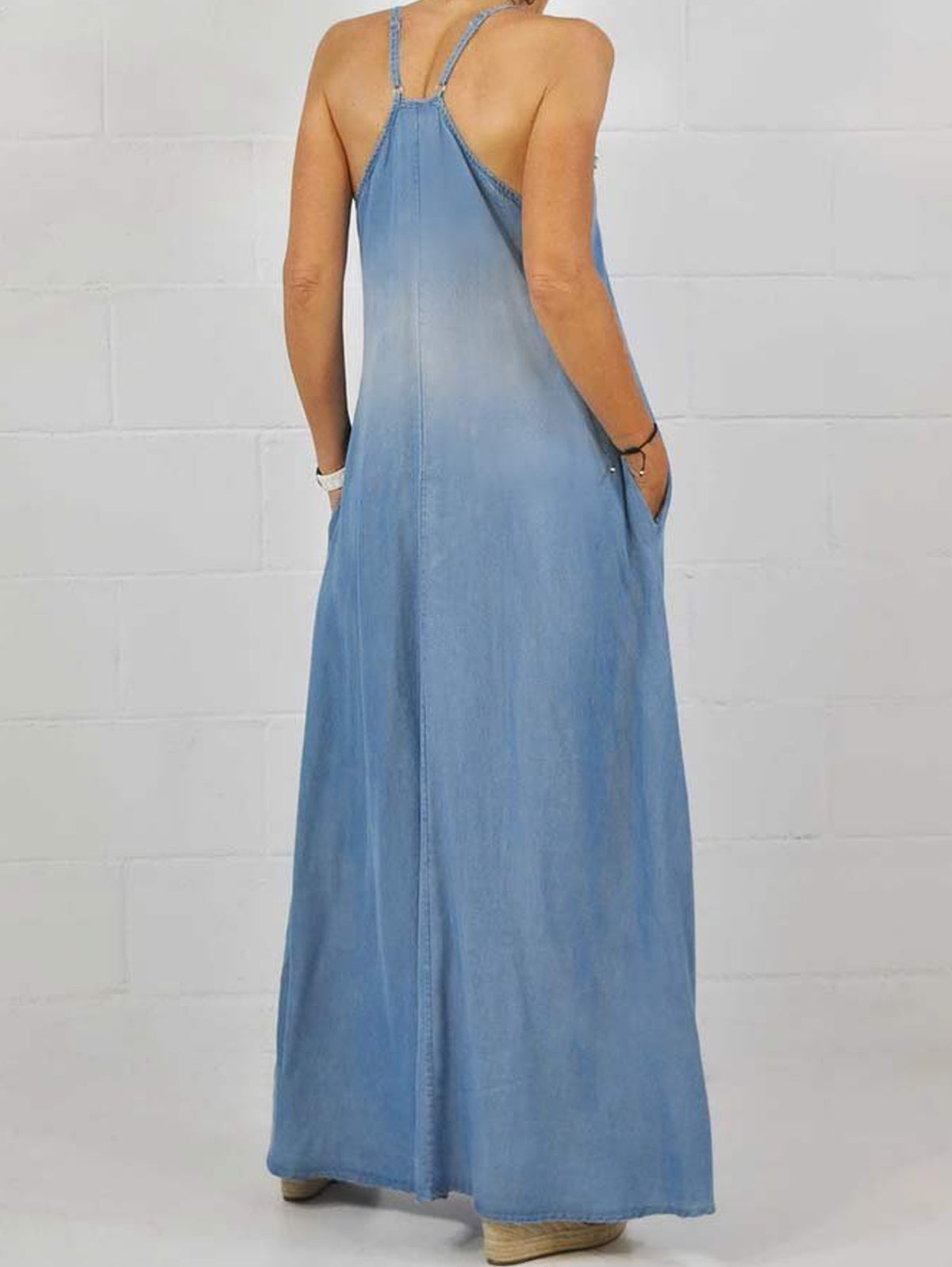 Deep V Neck Spaghetti Strap Frayed Trim Side Pocket Maxi Dress 7