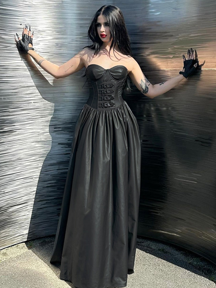Strapless Corset Buckle Strap Pleated Faux Leather Maxi Gown