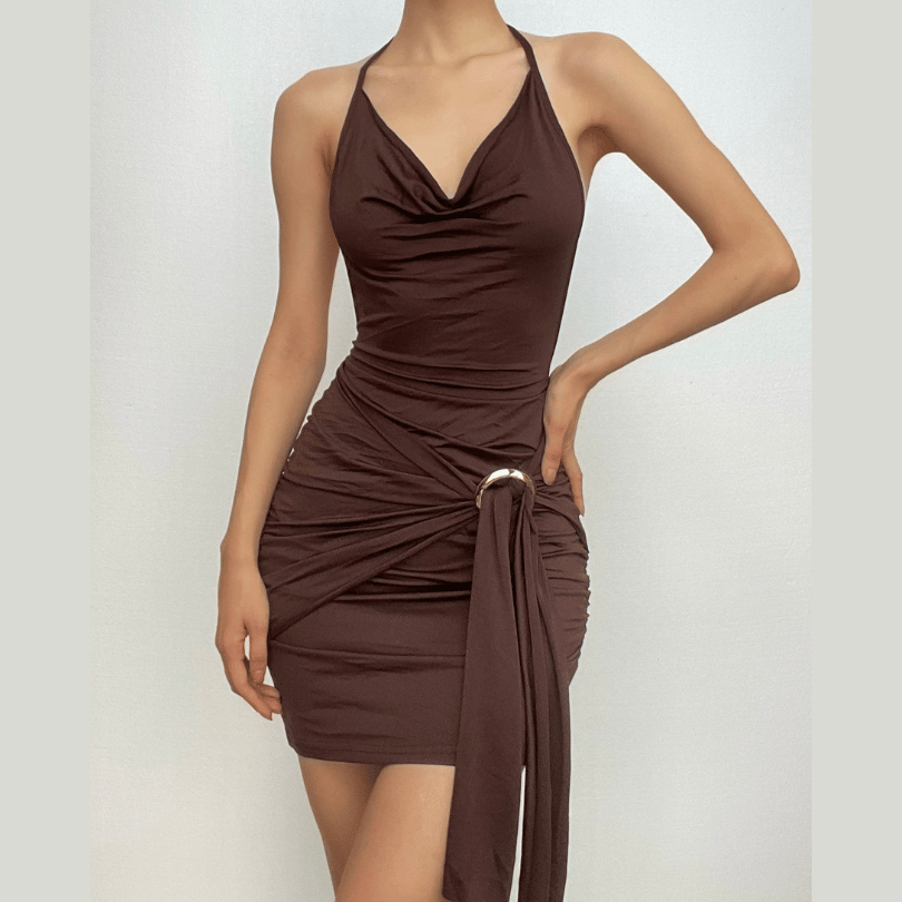 Cowl Neck Halter Ruched Buckle Side Drape Mini Dress