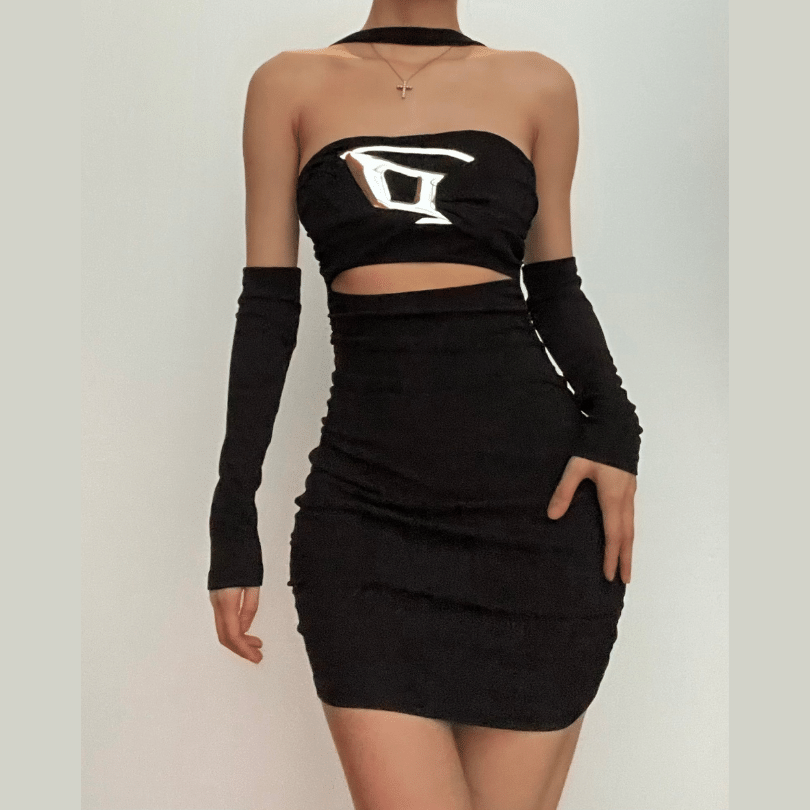 Halter Logo Applique Cutout Ribbed Detached Sleeve Mini Dress