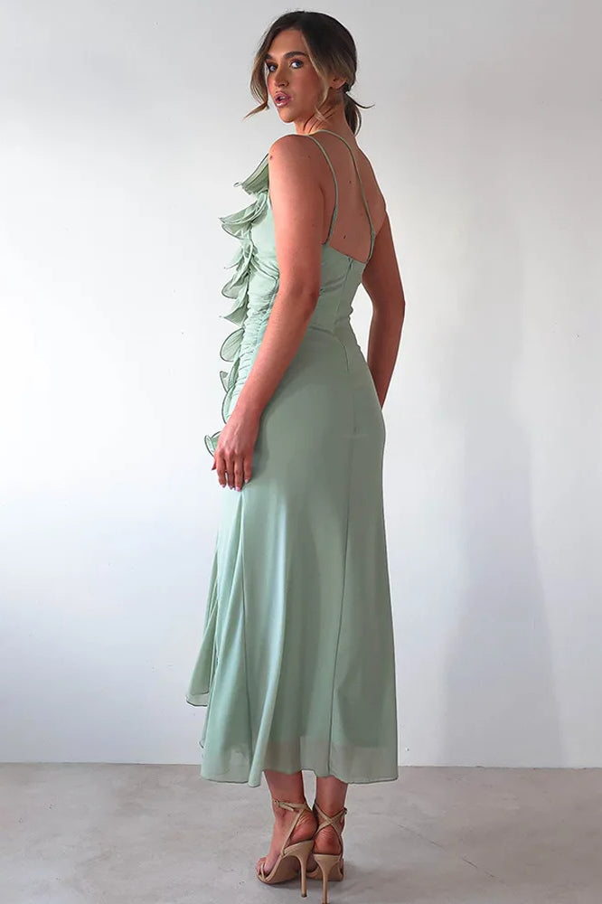 One Shoulder Ruched Vertical Ruffle Front High Split Midi Dress 2