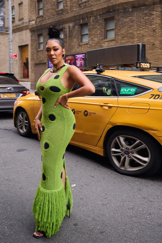 Crochet Polka Dot V-Neck Keyhole Fringe Hem Sleeveless Maxi Dress 2