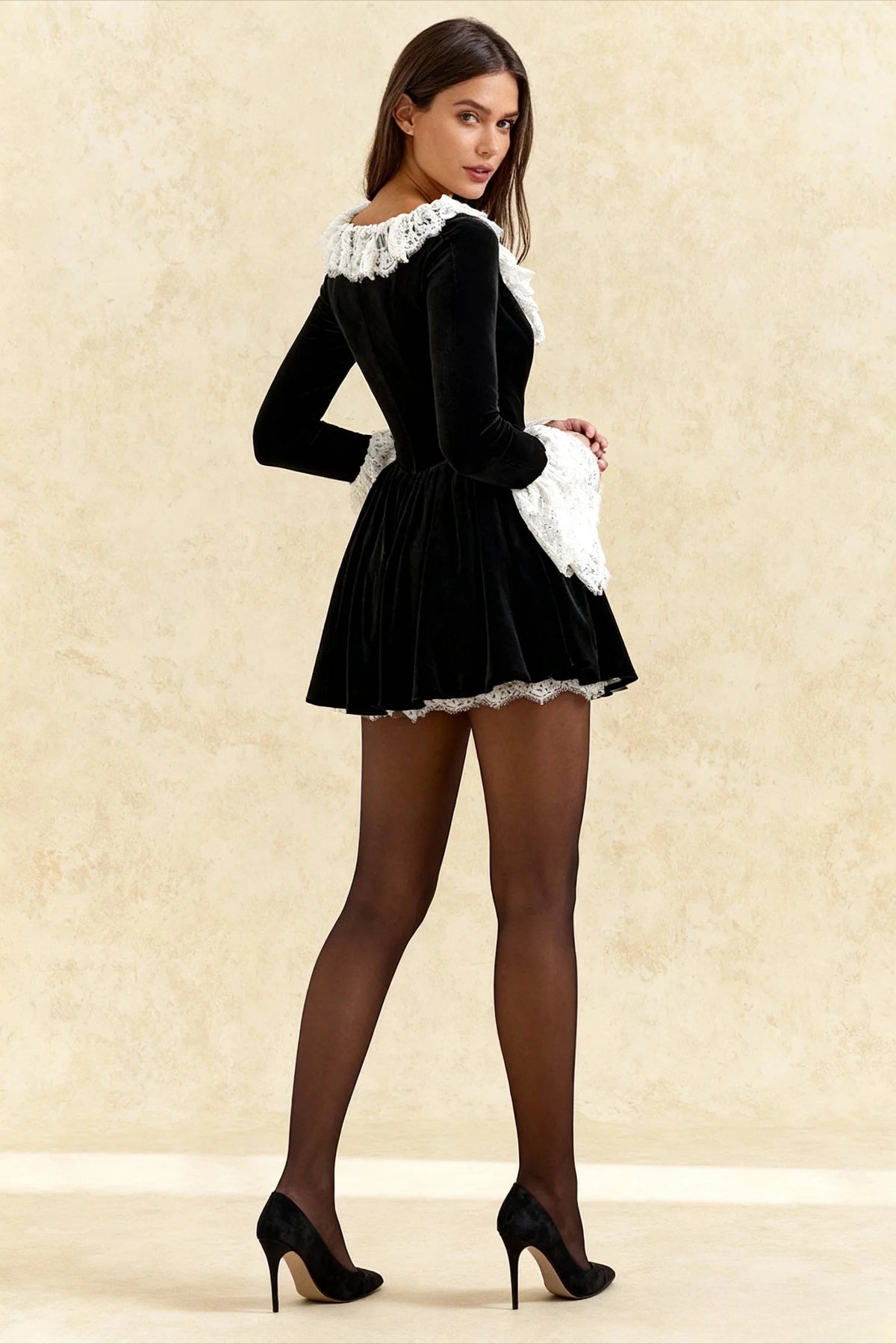 Velvet Square Neck Lace Trim Flared Cuff Long Sleeve Fit and Flare Mini Dress 2