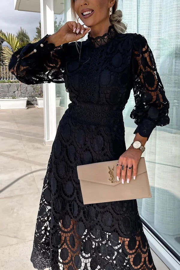 Guipure Lace Mock Neck Lantern Sleeve Scalloped Hem Hollow Out Midi Dress 14